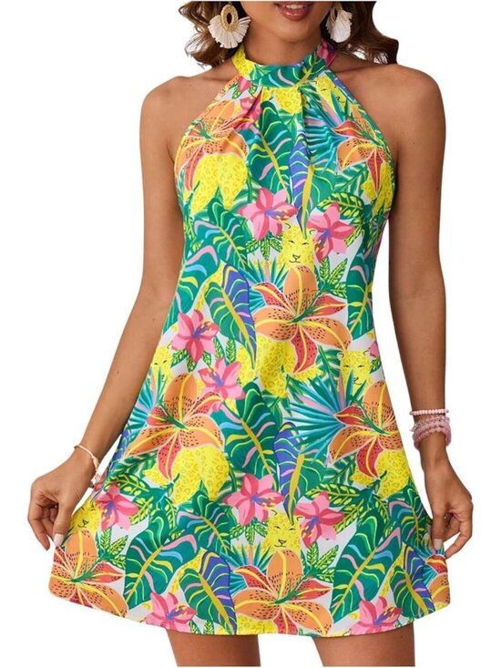 Dresses & Skirts - Women's Multi Floral Print Short Dress Sleeveless Halter Neck A Line Sundress